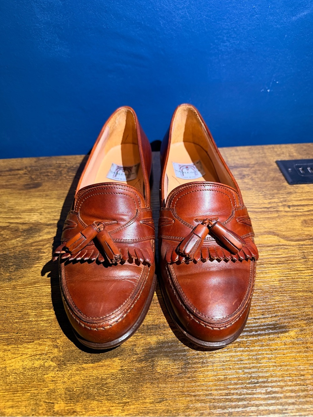 Camper Cognac Leather Tassel Kiltie Loafers